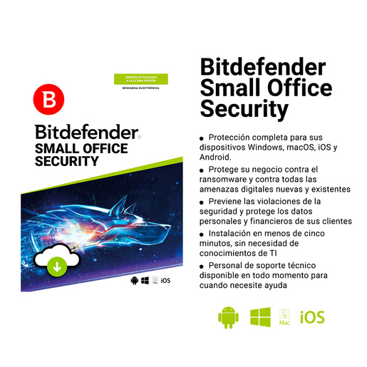 Antivirus Bitdefender Small Office Security Descargable / Licencia 3 años / 30 usuarios / 1 servidor / PC / Mac / Dispositivos móviles
