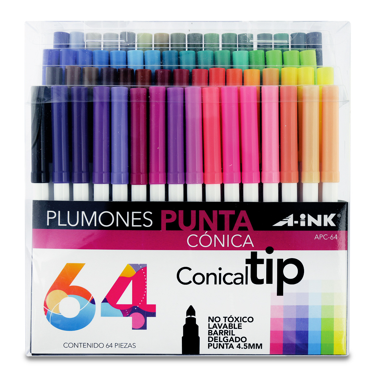 Plumones A-ink Conical Tip APC-64 Lavables Colores 64 piezas