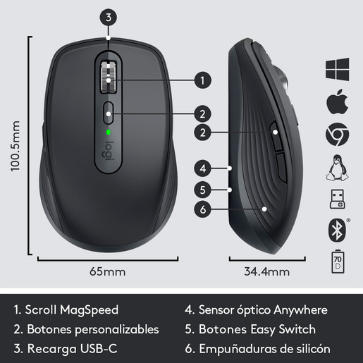 Mouse Inalámbrico Logitech MX Anywhere 3 Receptor USB Bluetooth USB Tipo C  Negro PC Laptop Mac Chrome OS Linux Recargable