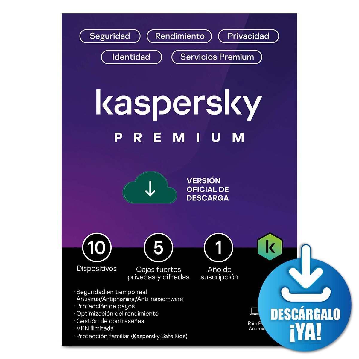 Antivirus Kaspersky Premium Licencia 1 año 10 dispositivos PC/macOS/iOS y Android Descargable