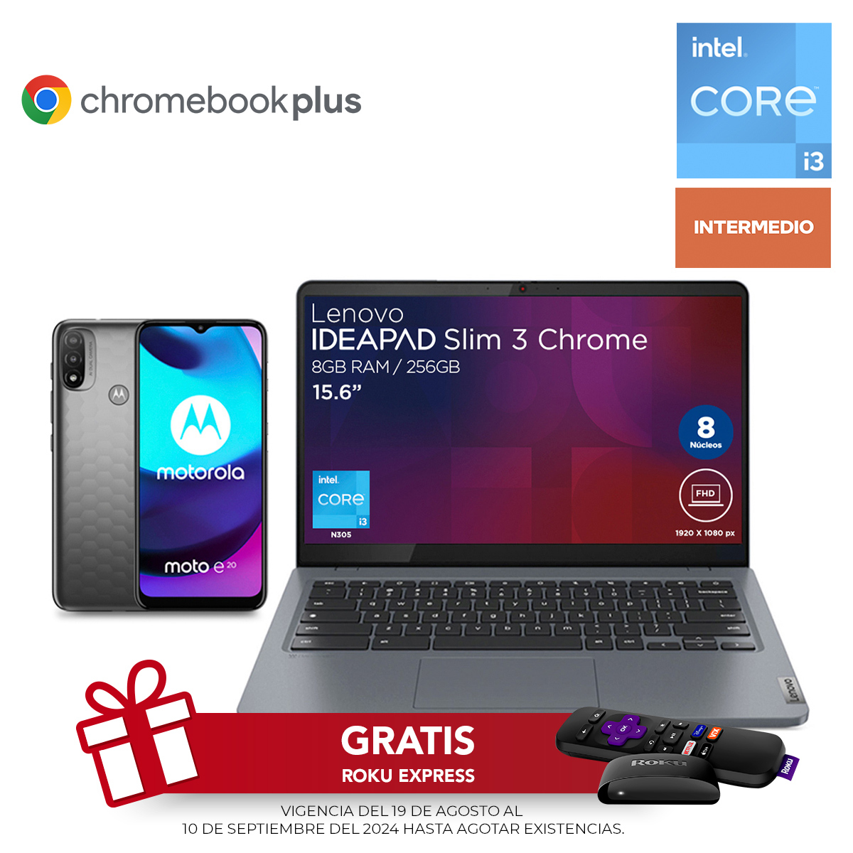 Bundle Laptop Lenovo IdeaPad Slim 3 Chromebook Intel Core i3 14 pulg. 256gb SSD 8gb RAM más Motorola E20