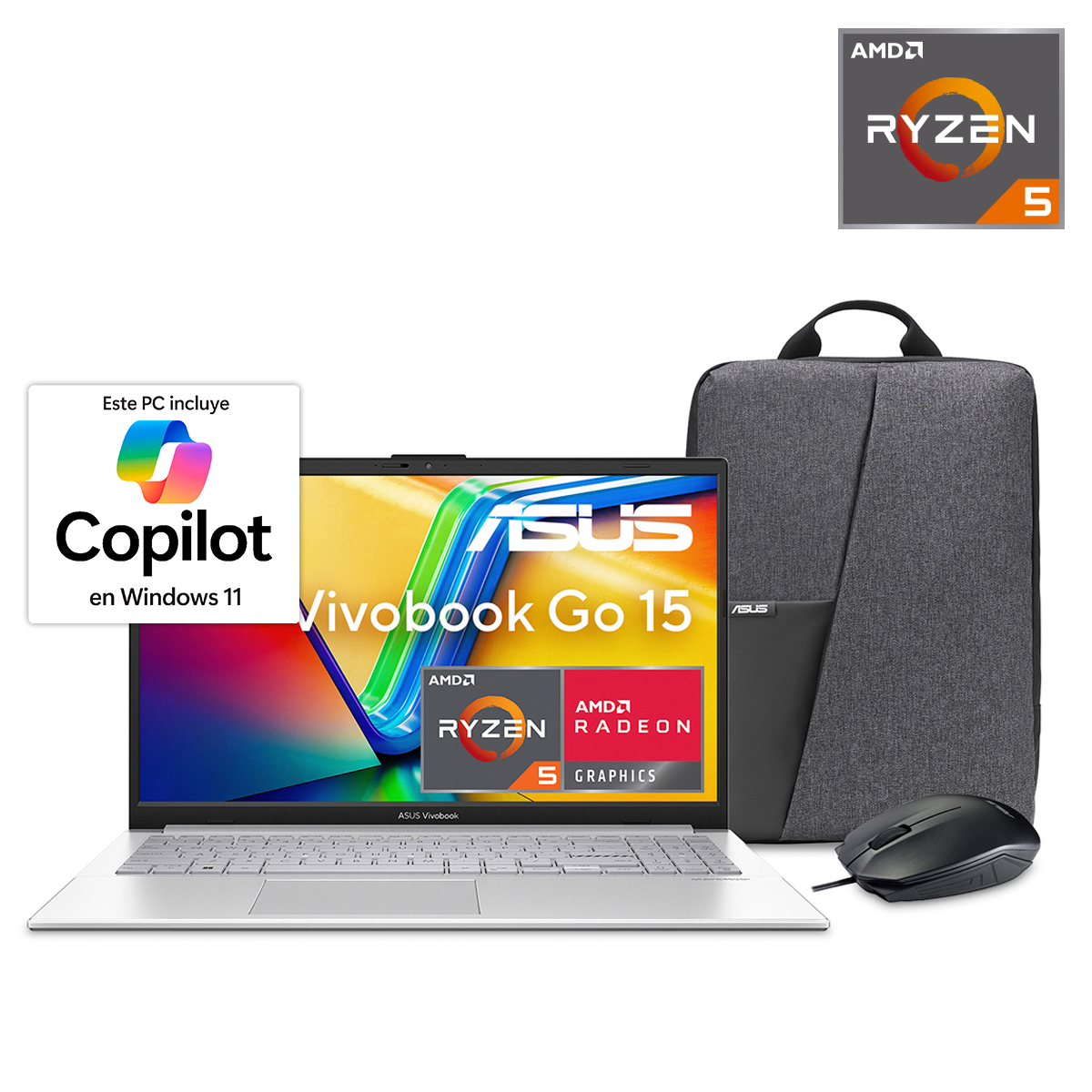 Bundle Laptop Asus Vivobook Go 15 AMD Ryzen 5 15.6 pulg. 512gb SSD 16gb RAM más Mochila y Mouse