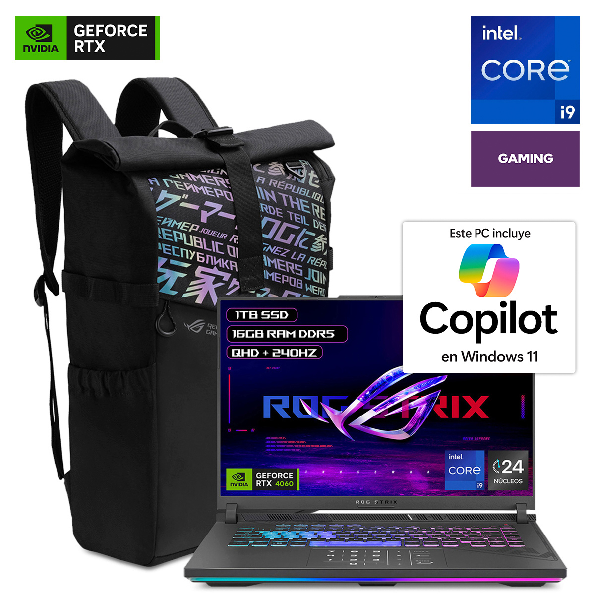 Bundle Laptop Gamer Asus Rog Strix G16 Intel Raptor Lake i9 16 pulg. 1tb SSD 16gb RAM más Mochila