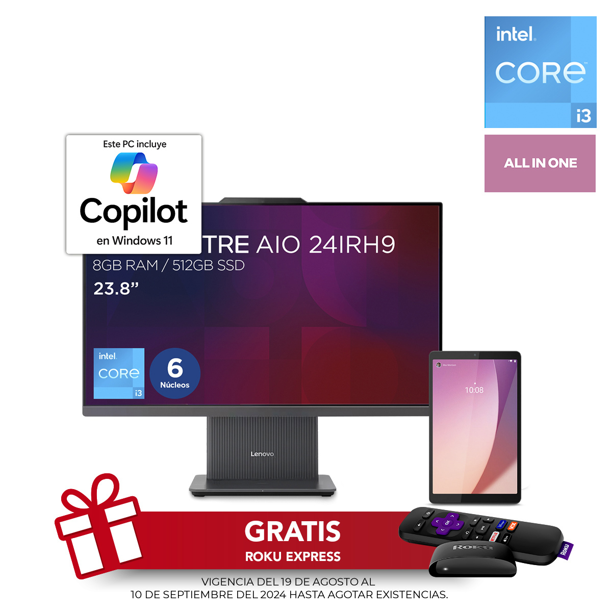 Bundle Computadora All in One Lenovo 24IRH9-F0H Intel Core i3 23.8 pulg. 512gb SSD 8gb RAM más Tablet