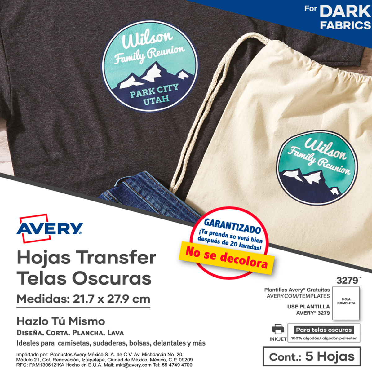 Hojas de Papel Transferencia Avery Tela Obscura Carta 6 piezas