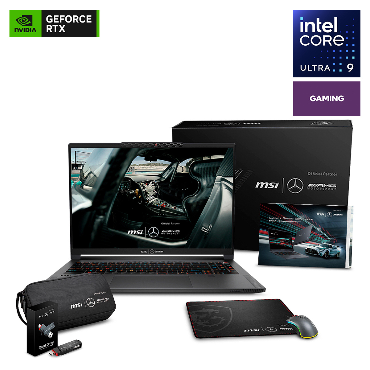 Bundle Laptop Gamer MSI Stealth 16 Mercedes AMG Intel Core Ultra 9 Nvidia Geforce RTX 4070 QHD 16 pulg. 2tb SSD 32gb RAM más Mouse y Mousepad