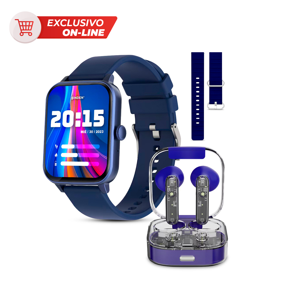 Kit Smartwatch Binden Eracolor 1.8mm más Audífonos Onepops Funky y Correa Azul