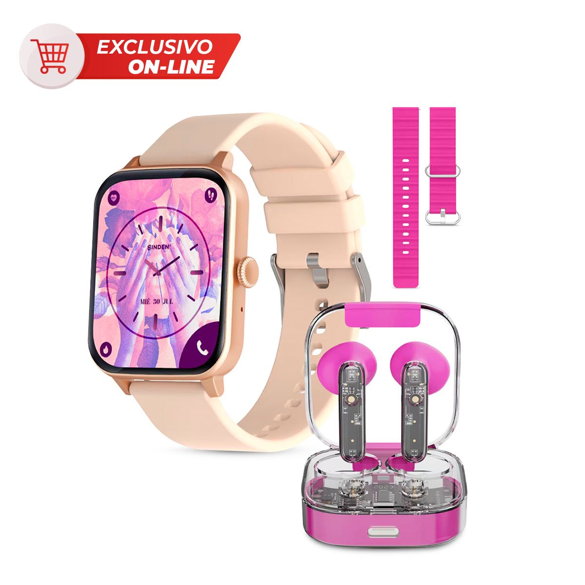 Kit Smartwatch Binden Eracolor 1.8mm más Audífonos Onepops Funky y Correa Rosa