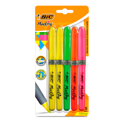 Marcatextos Bic Marking Punta cincel Amarillo naranja rosa verde 5 piezas | Office  Depot Mexico