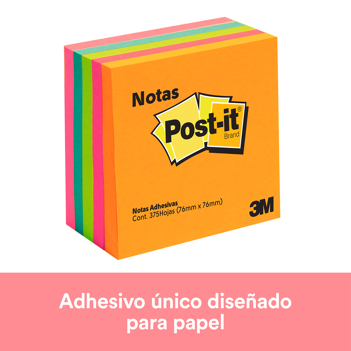 Notas Post-it® Colección Ciudad del Cabo, Neón, 76 mm x 76 mm, 1 Paquete/5  Blocs, 1 Bloc/ 100 Hojas