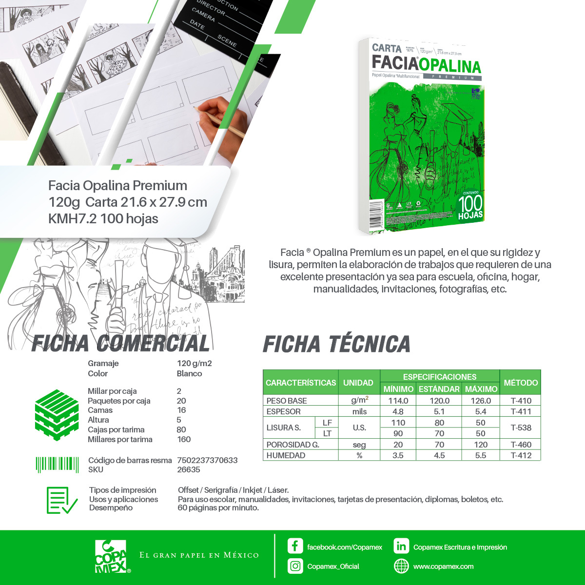Papel Opalina Copamex Facia Premium Multifuncional 100 hojas Carta Blanco  120 gr | Office Depot Mexico