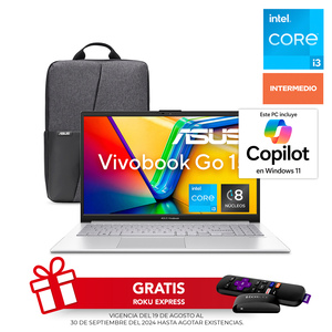 Bundle Laptop Asus Vivobook Go 15 Intel Core i3 15.6 pulg. 512gb SSD 8gb RAM más Mochila ASUS