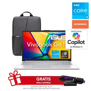 Bundle Laptop Asus Vivobook Go 15 Intel Core i3 15.6 pulg. 512gb SSD 8gb RAM más Mochila ASUS