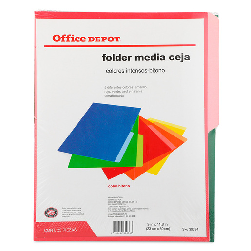 Folders Carta de Papel con Media Ceja Office Depot Colores surtidos 25  piezas | Office Depot Mexico