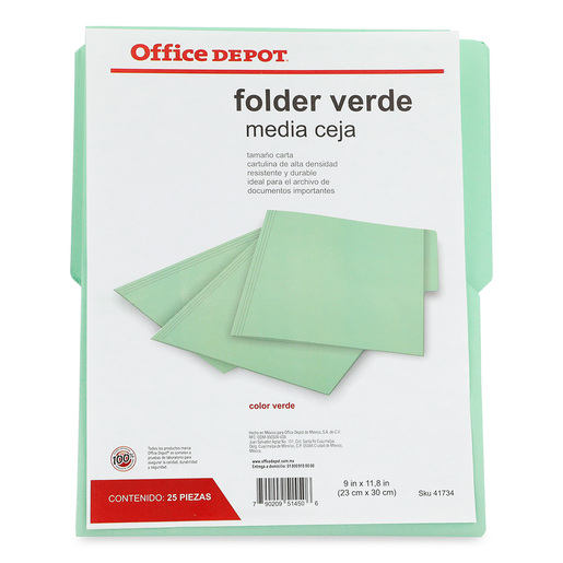 Folders Carta con Media Ceja Office Depot Verde 25 piezas | Office Depot  Mexico