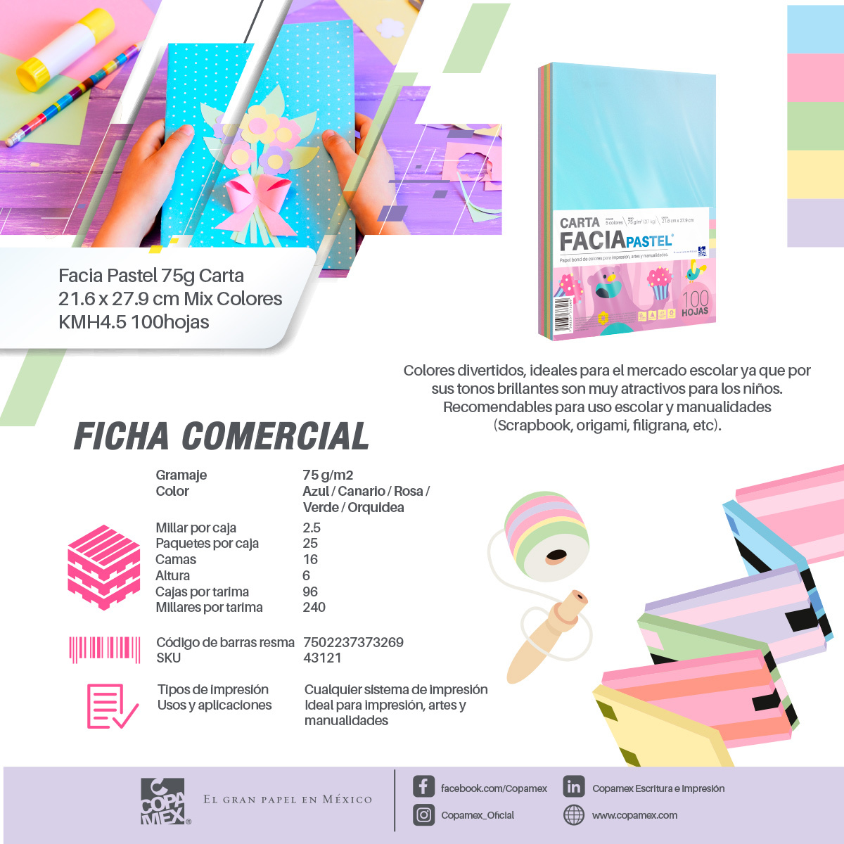 Hojas de Colores Facia Pastel Paquete 100 hojas Carta Surtido 5 colores  pastel 75 gr | Office Depot Mexico