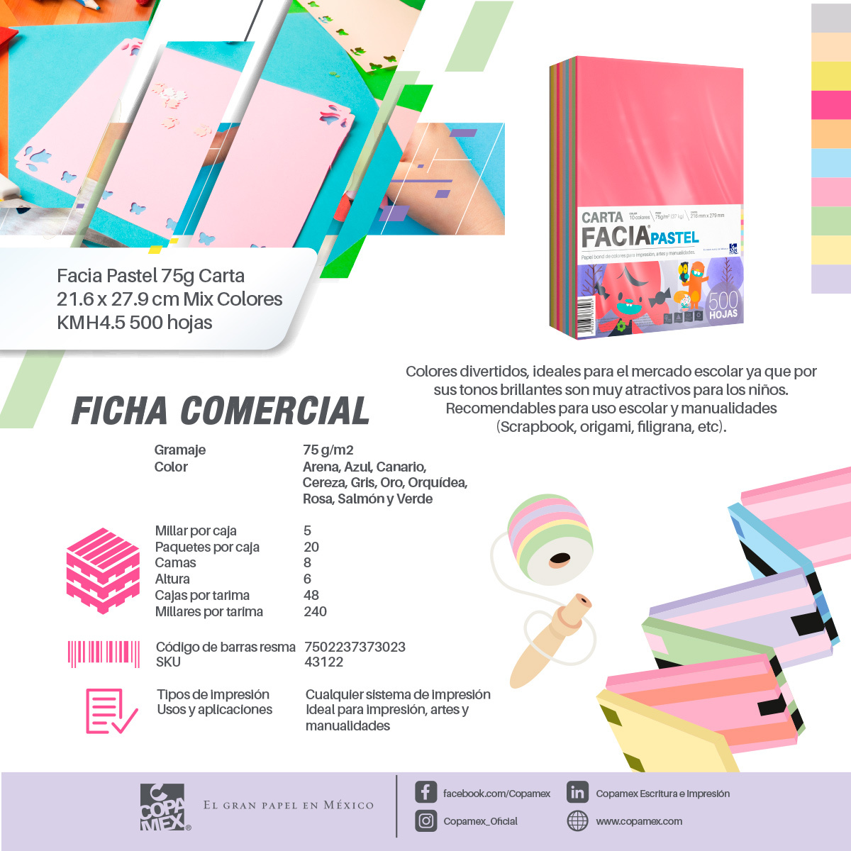 Hojas de Colores Facia Pastel Paquete 500 hojas Carta Surtido 10 colores  pastel 75 gr | Office Depot Mexico