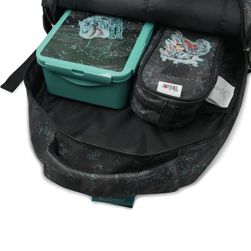 Mochila Escolar Ticher Dinosaurio Negro con Azul