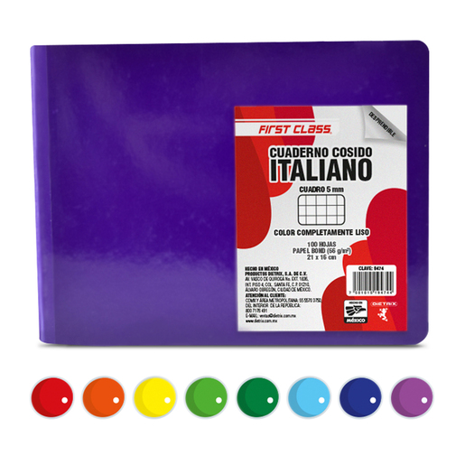 Cuaderno Forma Italiana First Class Cuadro Chico Colores 100 hojas  