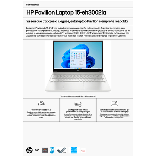 Laptop Hp 15 EH3002LA Ryzen 7 FHD 15.6 pulg. 512 SSD 16gb RAM Plata