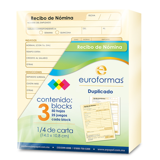 Recibo de Nómina Euroformas 1/4 de Carta 3 blocks