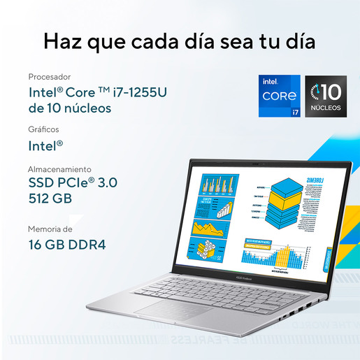 Laptop Asus Vivobook 14 Intel Core i7 FHD 14 pulg. 512gb SSD 16gb RAM Plata 