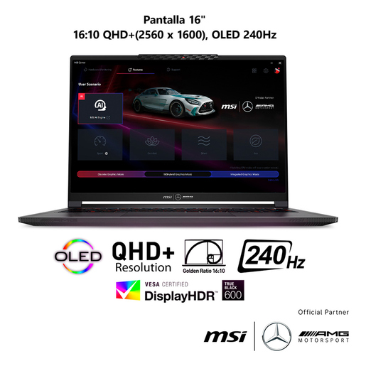 Bundle Laptop Gamer MSI Stealth 16 Mercedes AMG Intel Core Ultra 9 Nvidia Geforce RTX 4070 QHD 16 pulg. 2tb SSD 32gb RAM más Mouse y Mousepad