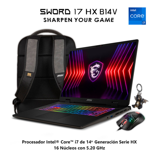 Bundle Laptop Gamer MSI Sword 17 HX Intel Core i7 Nvidia Geforce RTX4060 FHD 17 pulg. 512gb SSD 16gb RAM más Mochila y Mouse 