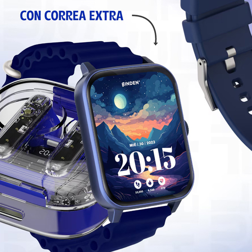 Kit Smartwatch Binden Eracolor 1.8mm más Audífonos Onepops Funky y Correa Azul