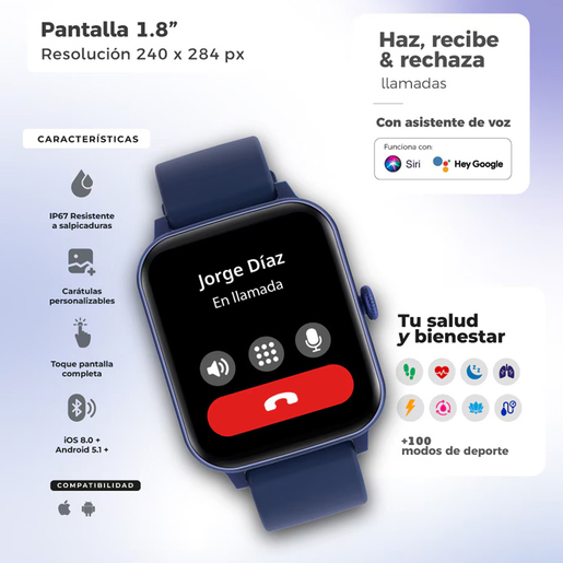 Kit Smartwatch Binden Eracolor 1.8mm más Audífonos Onepops Funky y Correa Azul