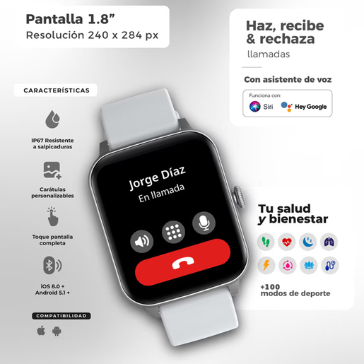 Kit Smartwatch Binden Eracolor 1.8mm más Audífonos Onepops Funky y Correa Blanco