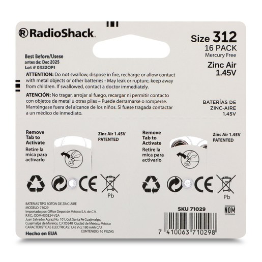 Batería Auditiva RadioShack 312 / Paquete 16 piezas