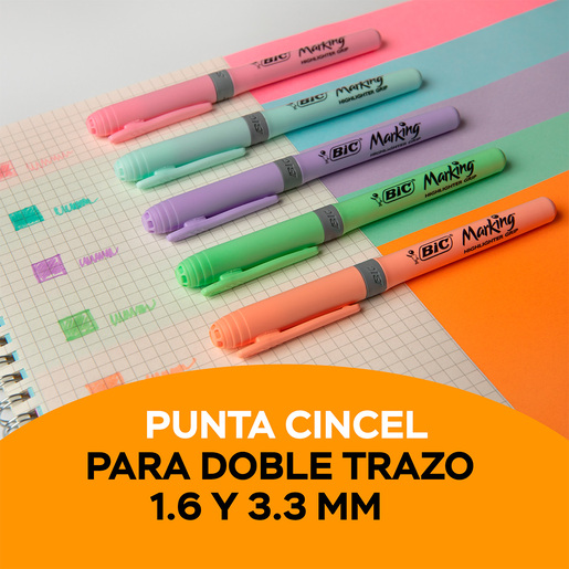 Marcatextos Bic Brite Liner Pastel / Punta cincel / Colores surtidos / 5 piezas