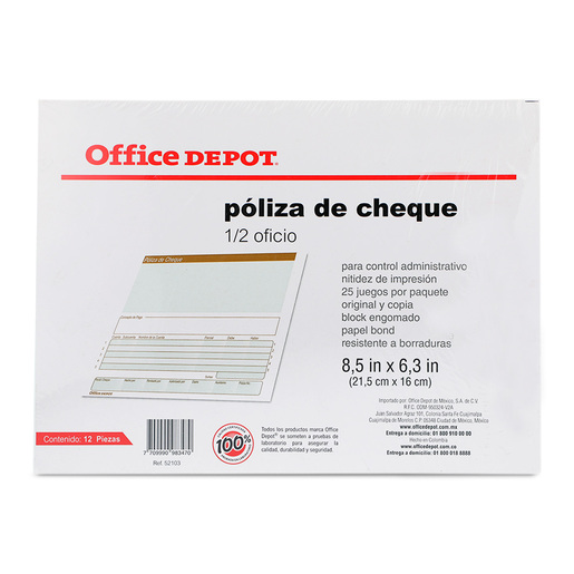 POLIZA DE CHEQUE OFFICE DEPOT (1 2 OFICIO, 12 PZ.) | Office Depot Mexico
