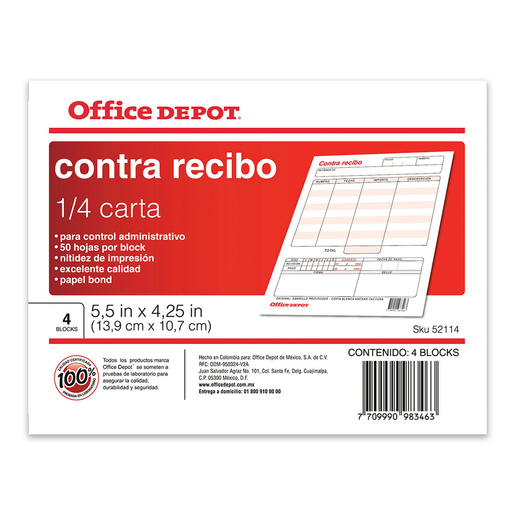 CONTRA RECIBO OFFICE DEPOT (1 4 CARTA, 4 PZS.) | Office Depot Mexico