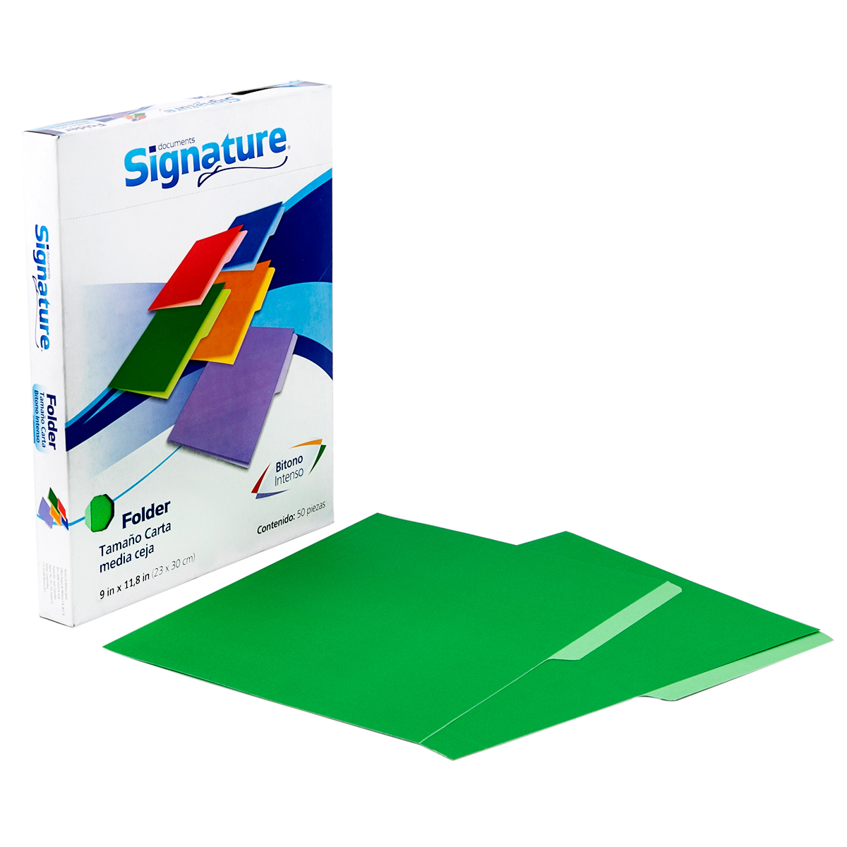Folders Carta con Media Ceja Bitono Signature Verde 50 piezas | Office Depot  Mexico