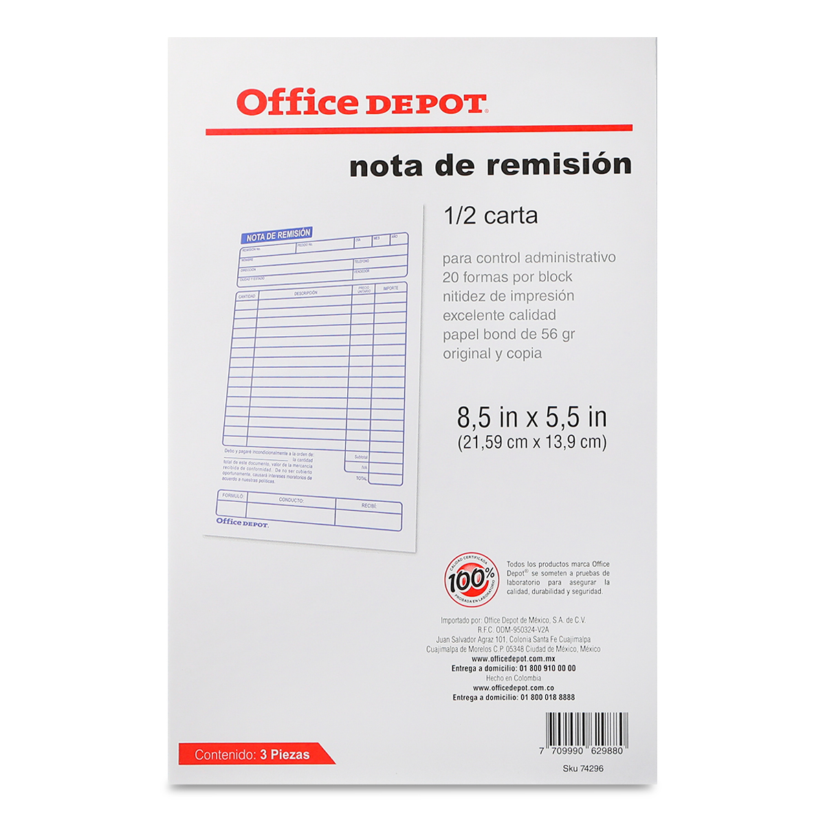 NOTA DE REMISION OFFICE DEPOT (1 2 CARTA, 3 PZS.) | Office Depot Mexico