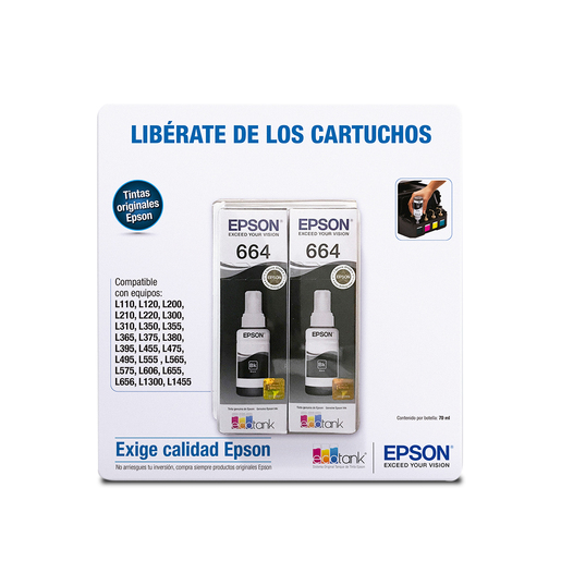 Botellas de Tinta Epson T664 2 Pack T664120 BL2 OD Negro 4000 páginas  EcoTank | Office Depot Mexico
